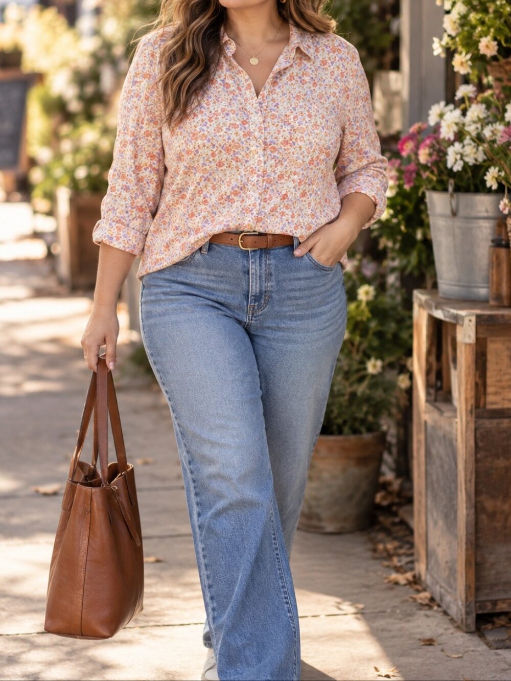 L.L.Bean Peach Cream Ditsy Floral Button Down Shirt 100% Cotton Cottagecore